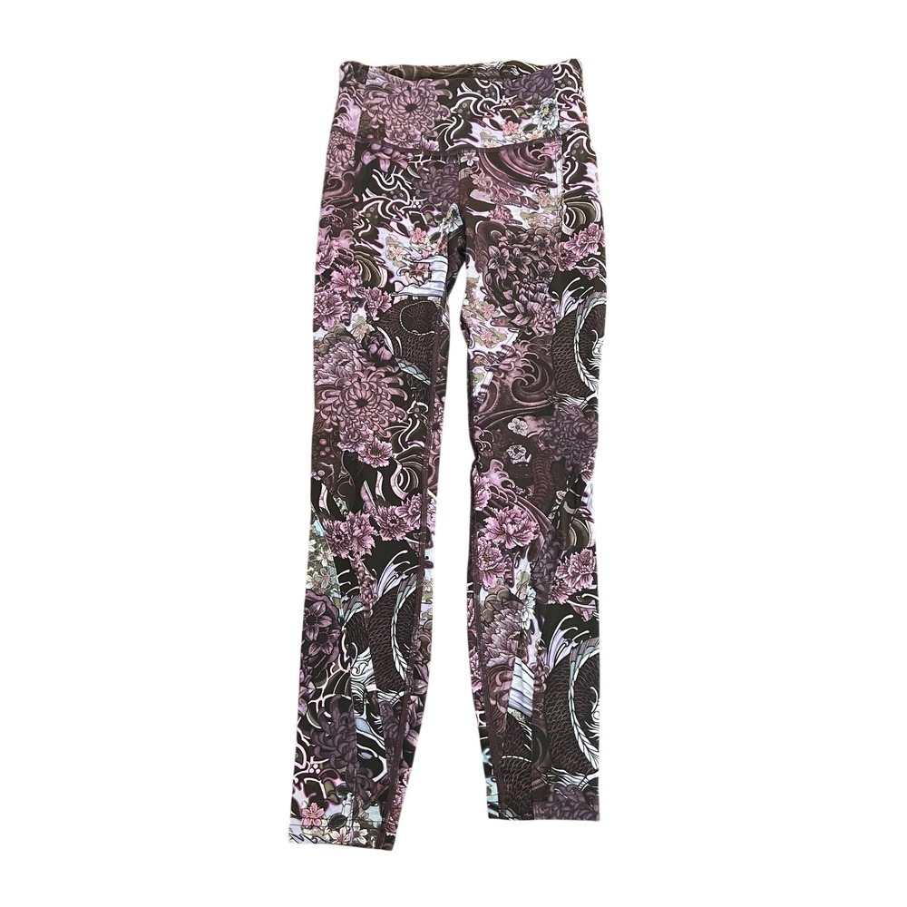 Lululemon High Rise Leggings Size 4 Purple Koi Carp Floral Tattoo Print (1090)